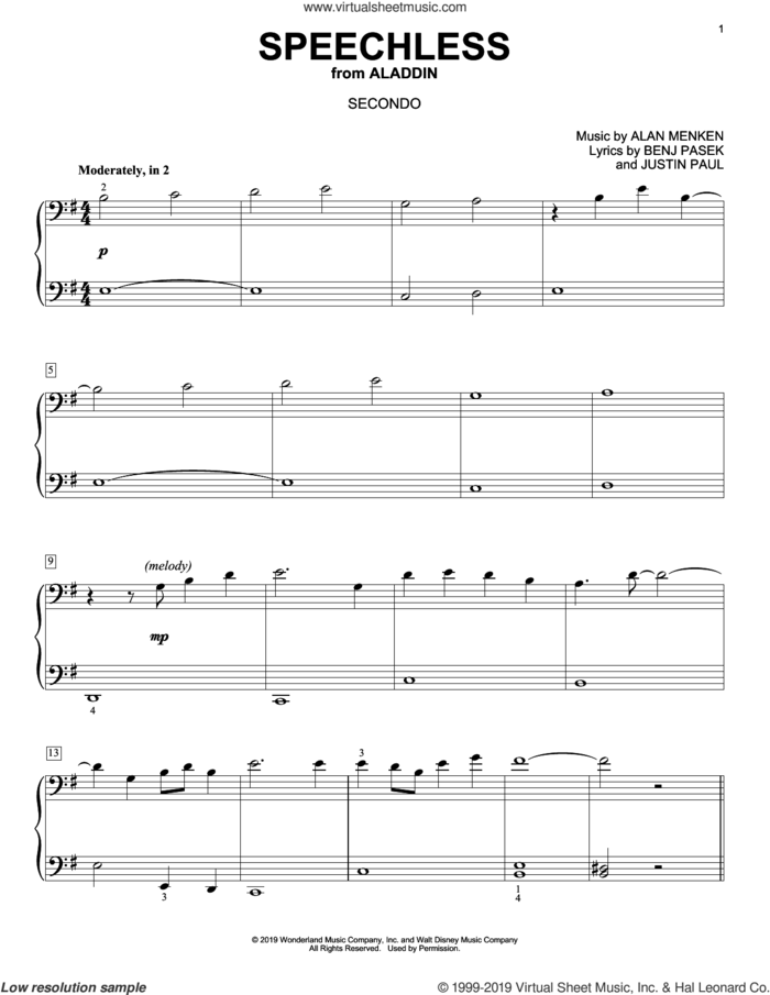 Speechless (from Disney's Aladdin) (arr. David Pearl) sheet music for piano four hands by Naomi Scott, David Pearl, Alan Menken, Benj Pasek and Justin Paul, intermediate skill level