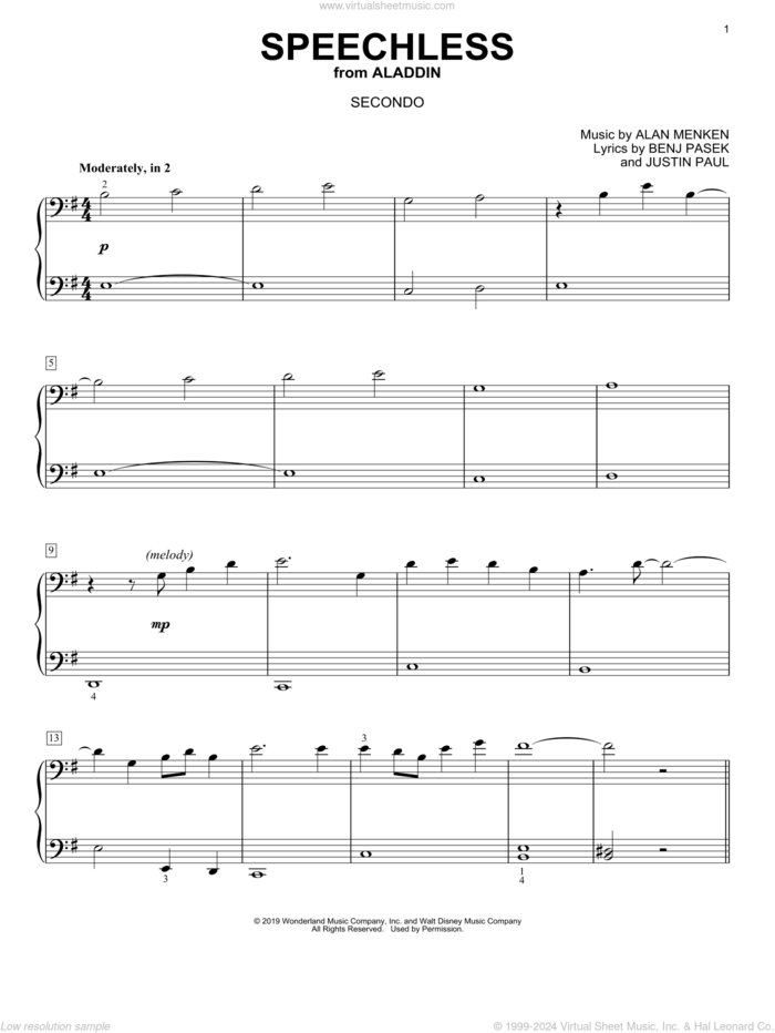 Speechless (from Disney's Aladdin) (arr. David Pearl) sheet music for piano four hands by Naomi Scott, David Pearl, Alan Menken, Benj Pasek and Justin Paul, intermediate skill level