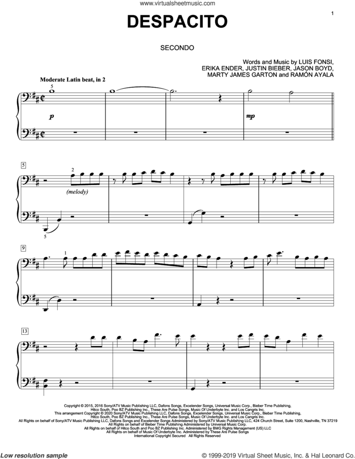 Despacito (arr. David Pearl) sheet music for piano four hands by Luis Fonsi & Daddy Yankee, David Pearl, Luis Fonsi & Daddy Yankee feat. Justin Bieber, Erika Ender, Luis Fonsi and Ramon Ayala, intermediate skill level