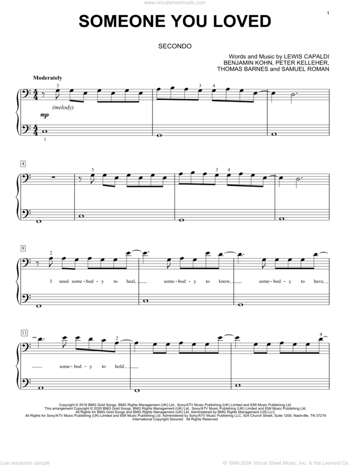 Someone You Loved (arr. David Pearl) sheet music for piano four hands by Lewis Capaldi, David Pearl, Benjamin Kohn, Peter Kelleher, Samuel Roman and Thomas Barnes, intermediate skill level