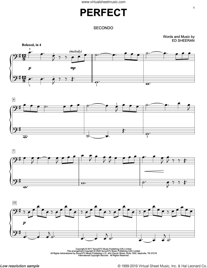 Perfect (arr. David Pearl) sheet music for piano four hands by Ed Sheeran and David Pearl, intermediate skill level