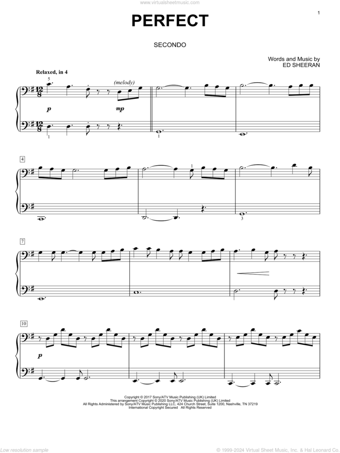 Perfect (arr. David Pearl) sheet music for piano four hands by Ed Sheeran and David Pearl, intermediate skill level