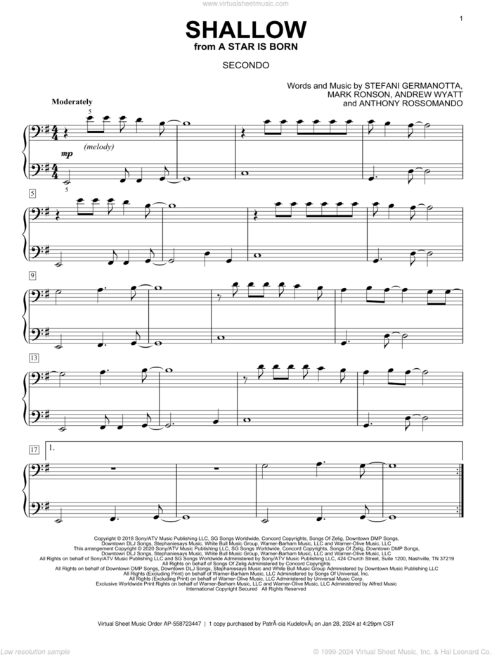 Shallow (from A Star Is Born) (arr. David Pearl) sheet music for piano four hands by Lady Gaga & Bradley Cooper, David Pearl, Andrew Wyatt, Anthony Rossomando, Lady Gaga and Mark Ronson, intermediate skill level