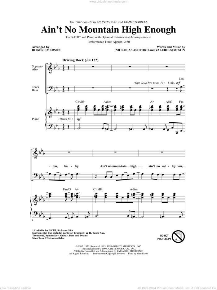 Ain't No Mountain High Enough (arr. Roger Emerson) sheet music for choir (SATB: soprano, alto, tenor, bass) by Marvin Gaye & Tammi Terrell, Roger Emerson, Nickolas Ashford and Valerie Simpson, intermediate skill level