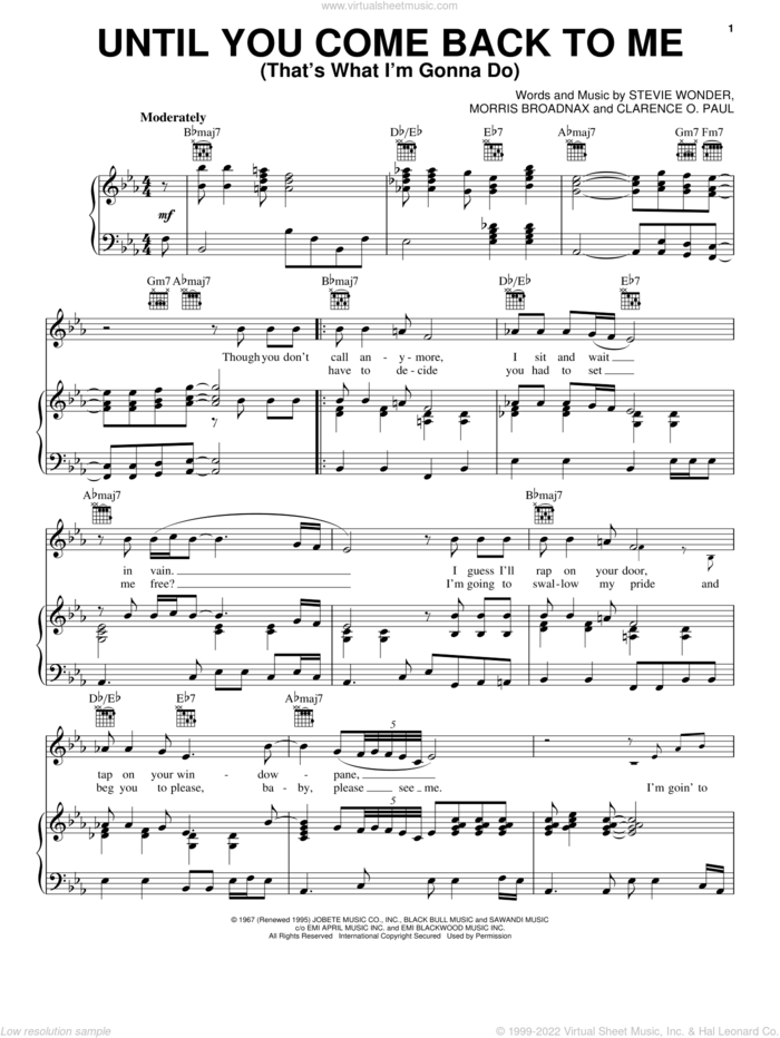 Until You Come Back To Me (That's What I'm Gonna Do) sheet music for voice, piano or guitar by Aretha Franklin, Clarence O. Paul, Morris Broadnax and Stevie Wonder, intermediate skill level