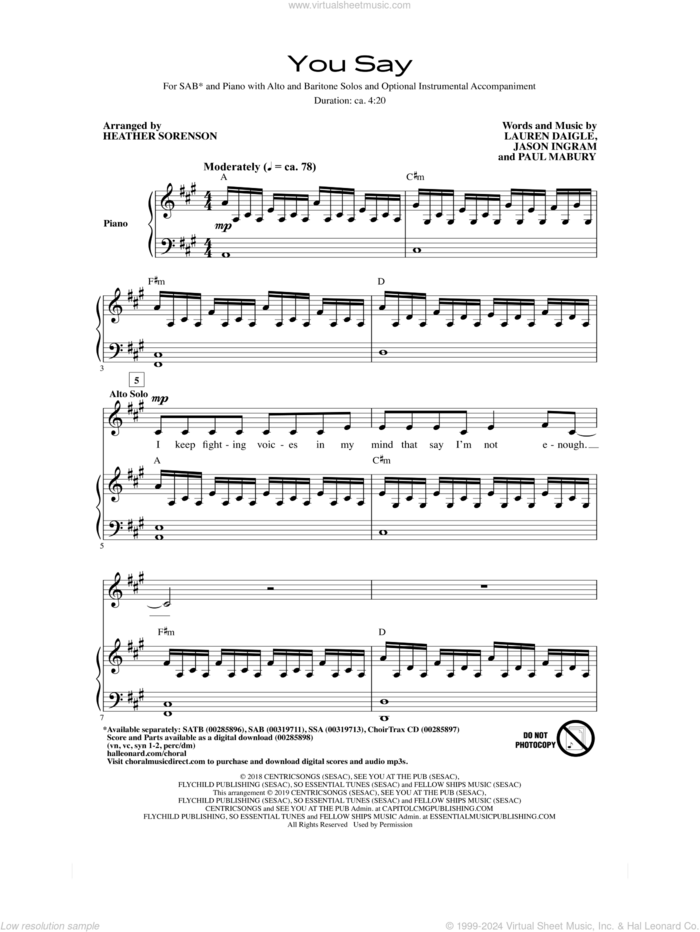 You Say (arr. Heather Sorenson) sheet music for choir (SAB: soprano, alto, bass) by Lauren Daigle, Heather Sorenson, Jason Ingram and Paul Mabury, intermediate skill level