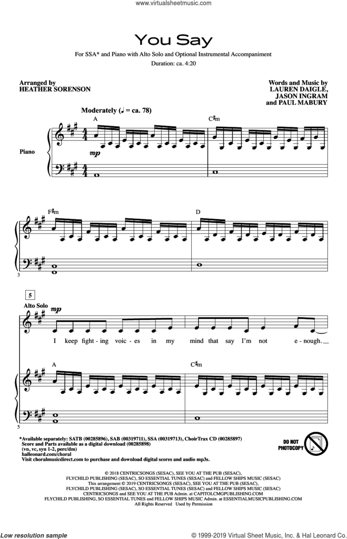 You Say (arr. Heather Sorenson) sheet music for choir (SSA: soprano, alto) by Lauren Daigle, Heather Sorenson, Jason Ingram and Paul Mabury, intermediate skill level