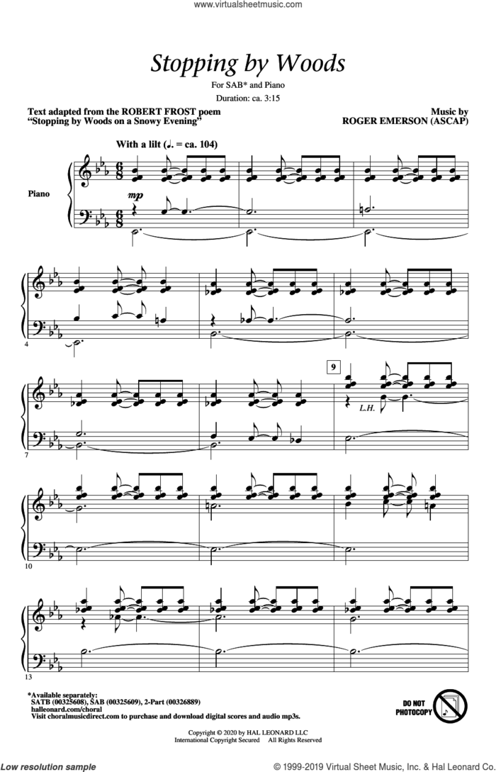 Stopping By Woods sheet music for choir (SAB: soprano, alto, bass) by Roger Emerson and Robert Frost, intermediate skill level