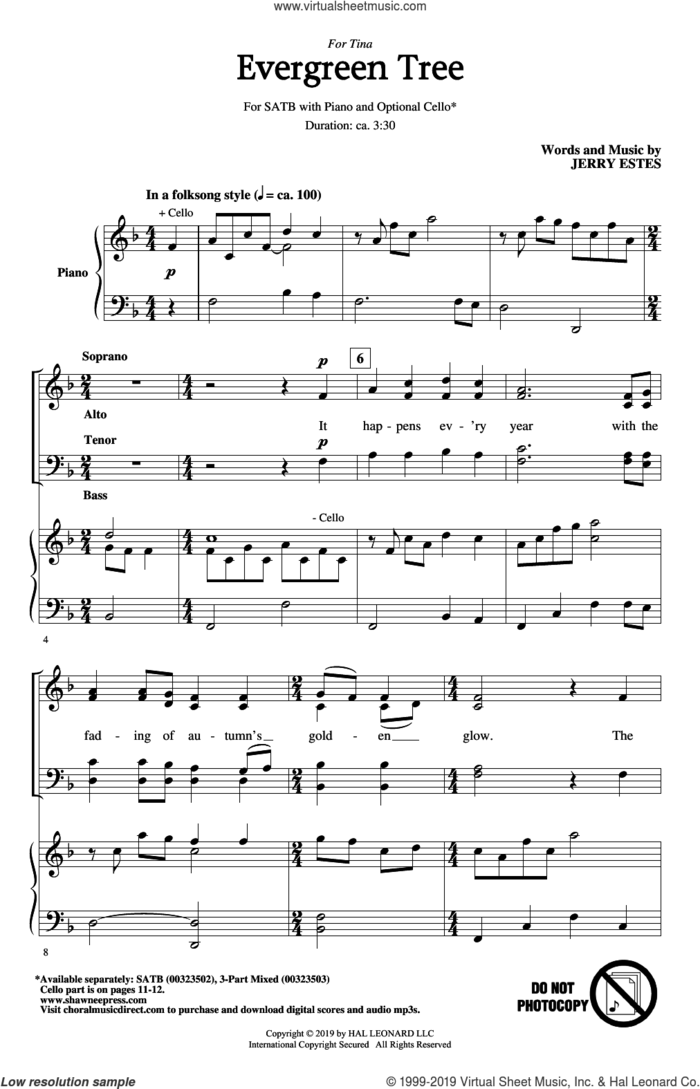 Evergreen Tree sheet music for choir (SATB: soprano, alto, tenor, bass) by Jerry Estes, intermediate skill level