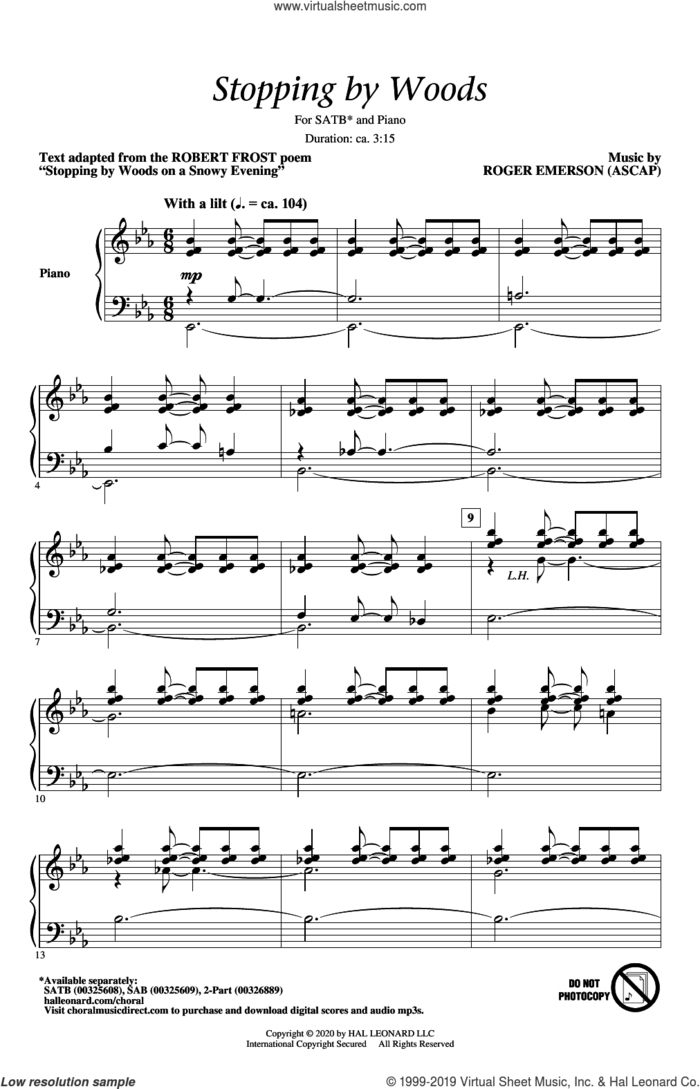 Stopping By Woods sheet music for choir (SATB: soprano, alto, tenor, bass) by Roger Emerson and Robert Frost, intermediate skill level