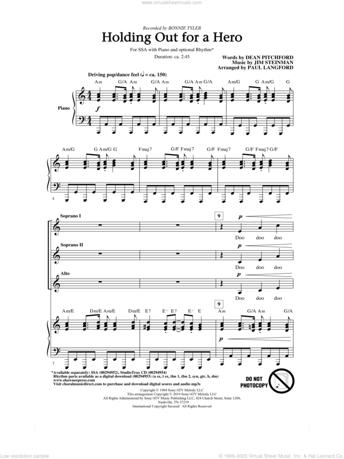 Holding Out For A Hero (from Footloose) (arr. Paul Langford) sheet music for choir (SSA: soprano, alto) by Bonnie Tyler, Paul Langford, Dean Pitchford and Jim Steinman, intermediate skill level