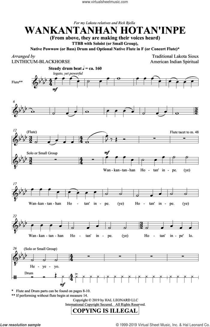 Wankantanhan Hotan'inpe (From above, they are making their voices heard) (arr. Linthicum-Blackhorse) sheet music for choir (TTBB: tenor, bass) by Traditional Lakota Sioux Spiritual and William Linthicum-Blackhorse, intermediate skill level