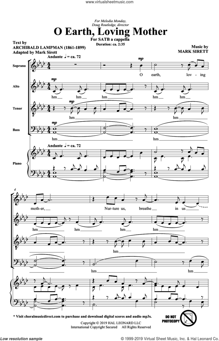 O Earth, Loving Mother sheet music for choir (SATB: soprano, alto, tenor, bass) by Mark Sirett, Archibald Lampman and Archibald Lampman and Mark Sirett, intermediate skill level