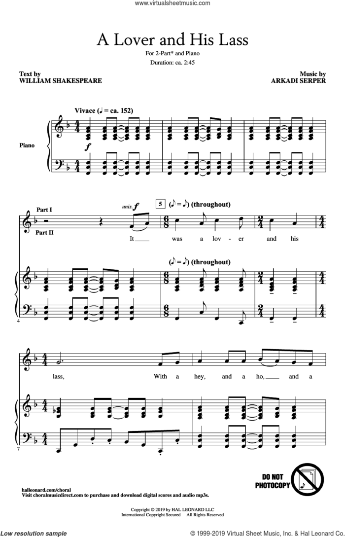 A Lover And His Lass sheet music for choir (2-Part) by Arkadi Serper and William Shakespeare, intermediate duet