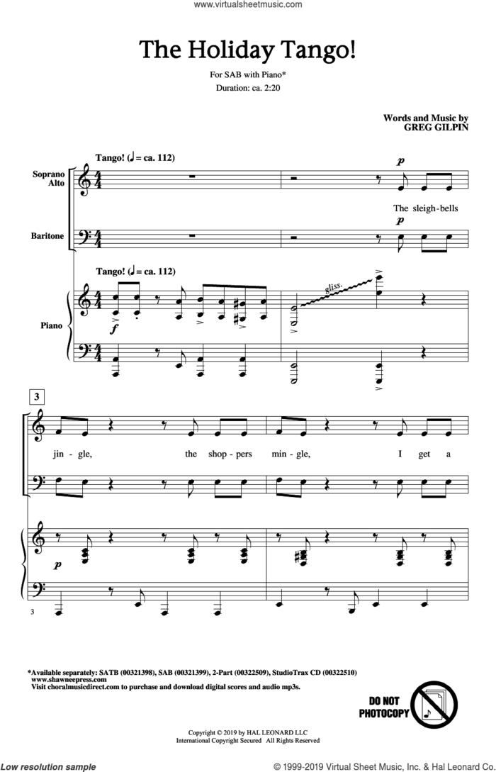 The Holiday Tango! sheet music for choir (SAB: soprano, alto, bass) by Greg Gilpin, intermediate skill level