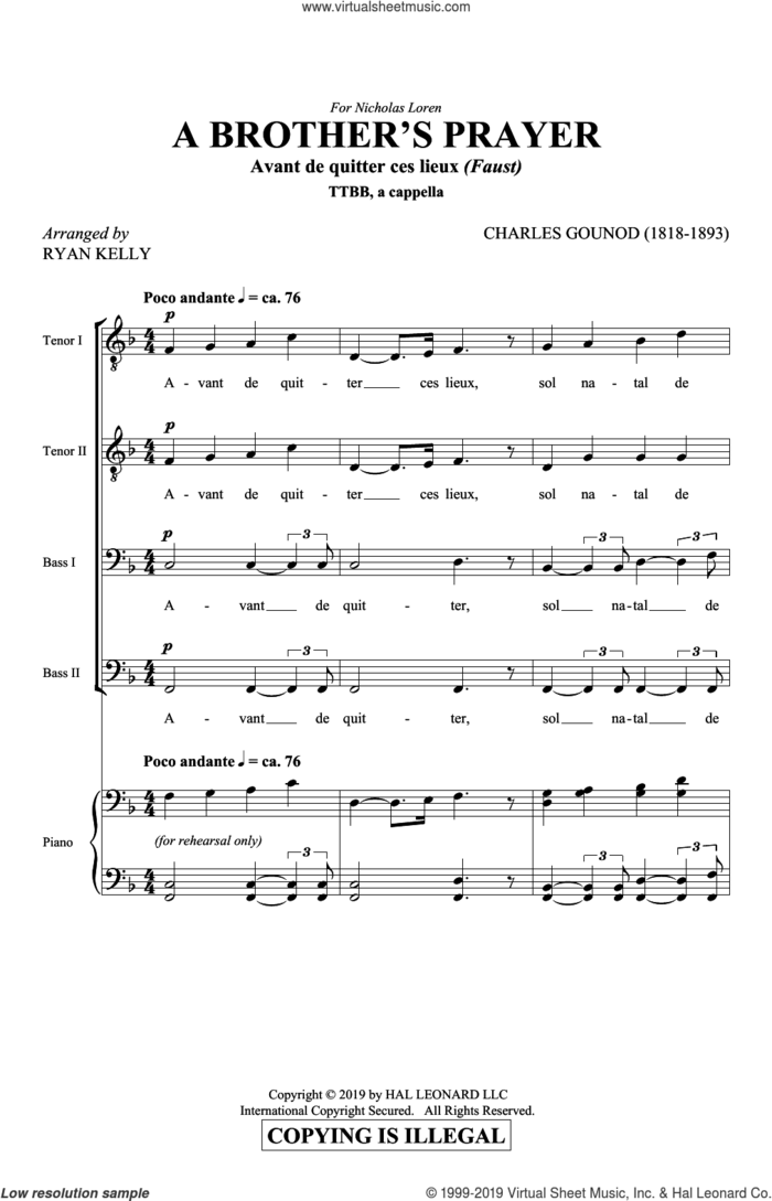 A Brother's Prayer (Avant de quitter ces lieux) (arr. Ryan Kelly) sheet music for choir (TTBB: tenor, bass) by Charles Gounod and Ryan Kelly, intermediate skill level