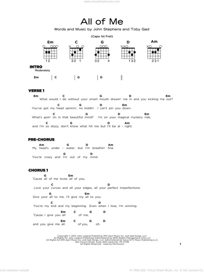 All Of Me, (beginner) sheet music for guitar solo by John Legend, John Stephens and Toby Gad, beginner skill level