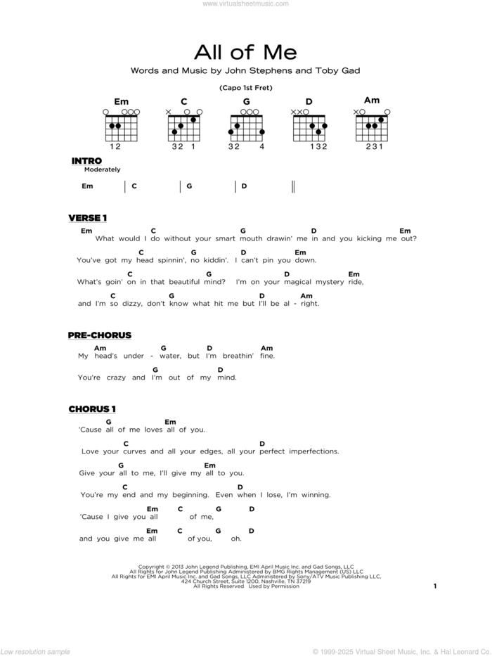 All Of Me, (beginner) sheet music for guitar solo by John Legend, John Stephens and Toby Gad, wedding score, beginner skill level