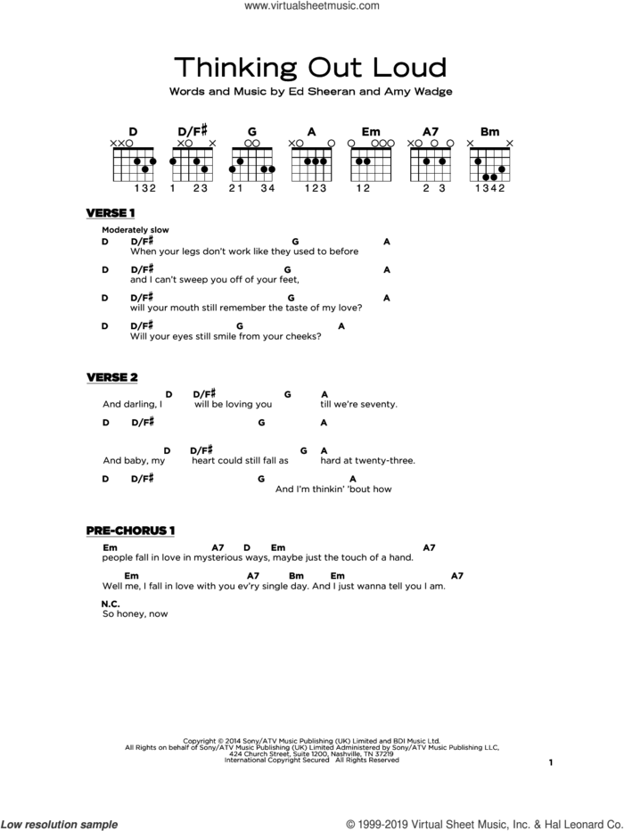 Thinking Out Loud, (beginner) sheet music for guitar solo by Ed Sheeran and Amy Wadge, wedding score, beginner skill level