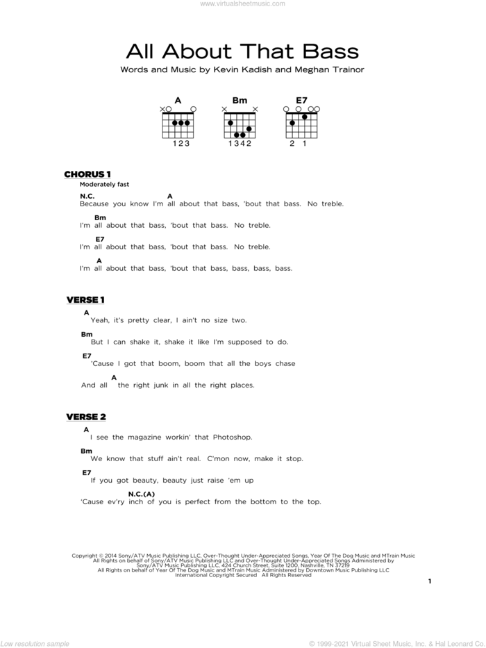 All About That Bass sheet music for guitar solo by Meghan Trainor and Kevin Kadish, beginner skill level