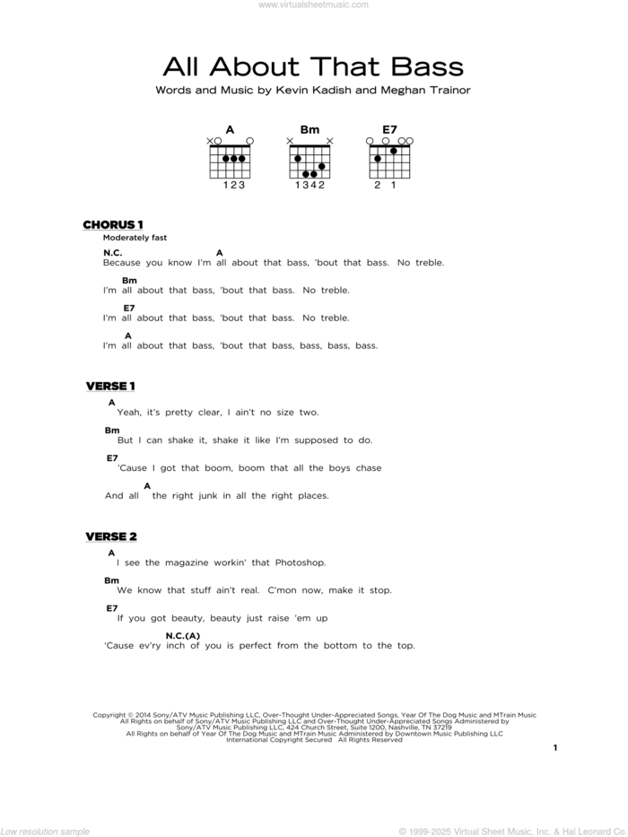 All About That Bass sheet music for guitar solo by Meghan Trainor and Kevin Kadish, beginner skill level