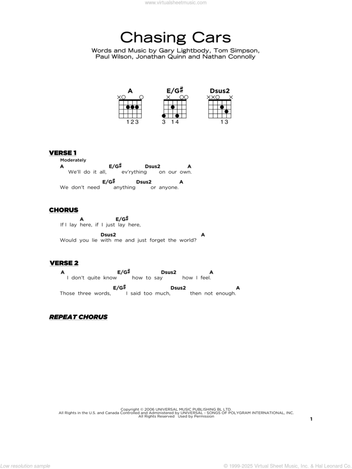 Chasing Cars sheet music for guitar solo by Snow Patrol, Gary Lightbody, Jonathan Quinn, Nathan Connolly, Paul Wilson and Tom Simpson, beginner skill level