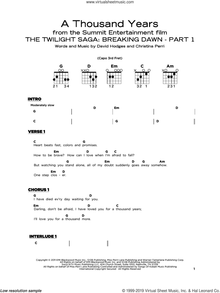 A Thousand Years, (beginner) sheet music for guitar solo by Christina Perri and David Hodges, wedding score, beginner skill level
