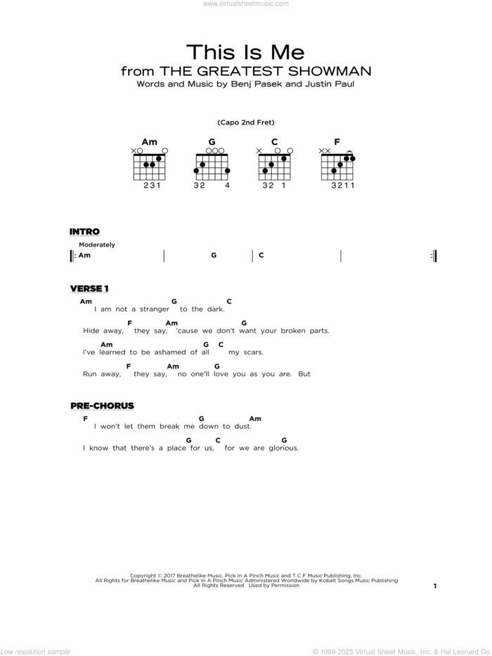 This Is Me (from The Greatest Showman) sheet music for guitar solo by Pasek & Paul, Benj Pasek and Justin Paul, beginner skill level