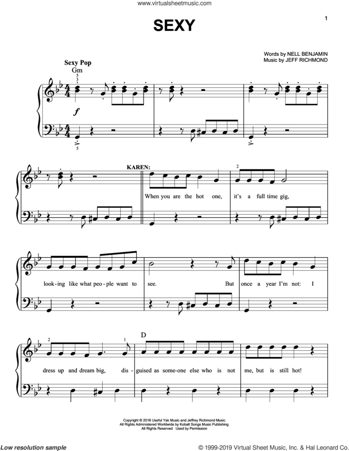 Sexy (from Mean Girls: The Broadway Musical) sheet music for piano solo by Nell Benjamin, Jeff Richmond and Jeff Richmond & Nell Benjamin, easy skill level