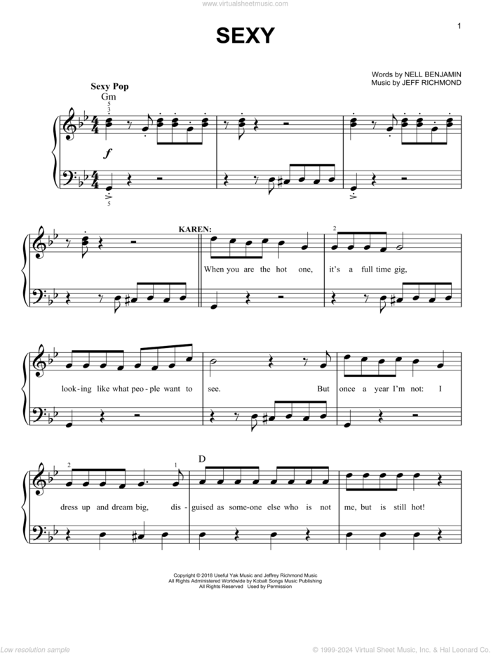 Sexy (from Mean Girls: The Broadway Musical) sheet music for piano solo by Nell Benjamin, Jeff Richmond and Jeff Richmond & Nell Benjamin, easy skill level