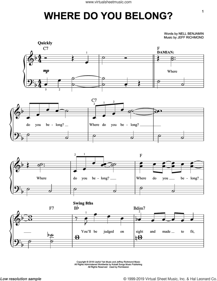 Where Do You Belong? (from Mean Girls: The Broadway Musical) sheet music for piano solo by Nell Benjamin, Jeff Richmond and Jeff Richmond & Nell Benjamin, easy skill level