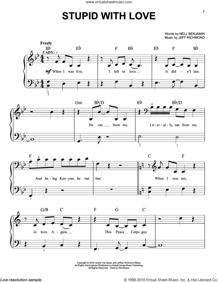 Stupid With Love (from Mean Girls: The Broadway Musical) sheet music for piano solo by Nell Benjamin, Jeff Richmond and Jeff Richmond & Nell Benjamin, easy skill level