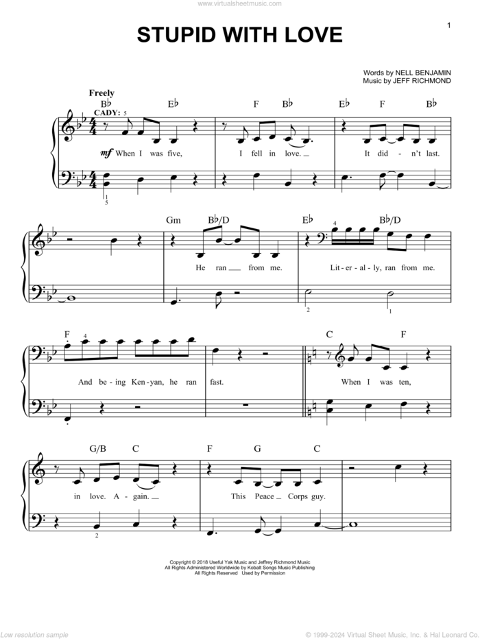 Stupid With Love (from Mean Girls: The Broadway Musical) sheet music for piano solo by Nell Benjamin, Jeff Richmond and Jeff Richmond & Nell Benjamin, easy skill level