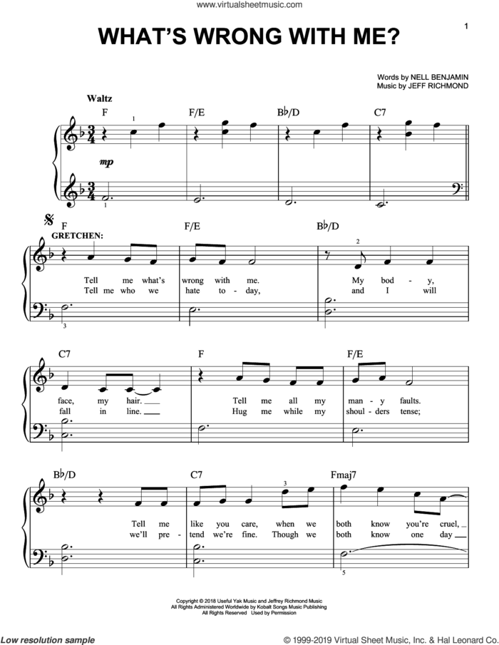 What's Wrong With Me? (from Mean Girls: The Broadway Musical) sheet music for piano solo by Nell Benjamin, Jeff Richmond and Jeff Richmond & Nell Benjamin, easy skill level
