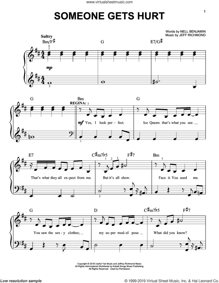Someone Gets Hurt (from Mean Girls: The Broadway Musical) sheet music for piano solo by Nell Benjamin, Jeff Richmond and Jeff Richmond & Nell Benjamin, easy skill level