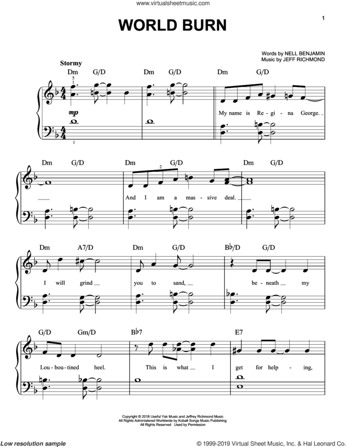 World Burn (from Mean Girls: The Broadway Musical) sheet music for piano solo by Nell Benjamin, Jeff Richmond and Jeff Richmond & Nell Benjamin, easy skill level