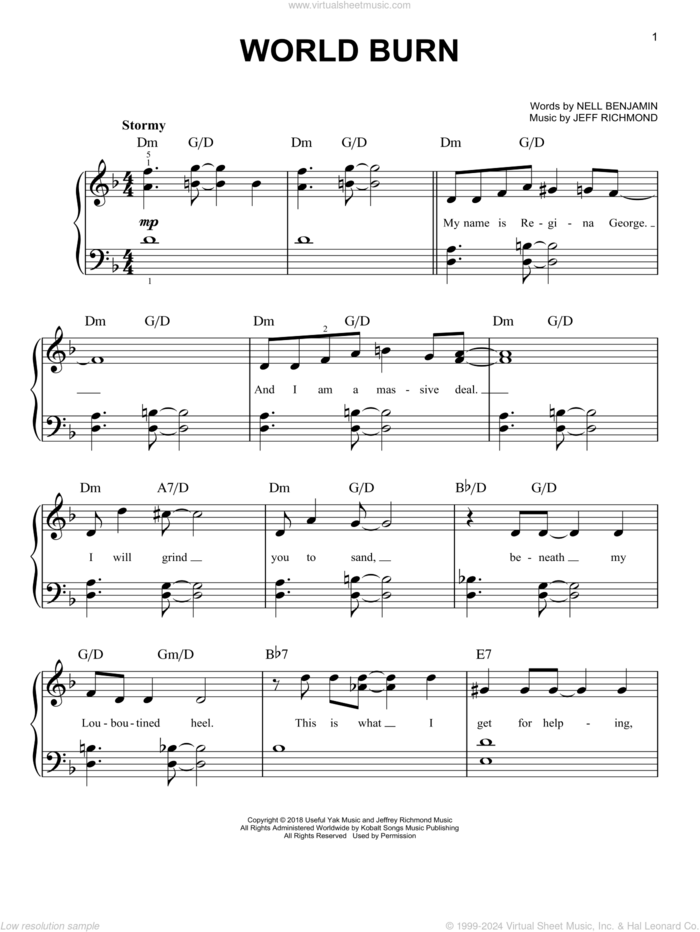 World Burn (from Mean Girls: The Broadway Musical) sheet music for piano solo by Nell Benjamin, Jeff Richmond and Jeff Richmond & Nell Benjamin, easy skill level