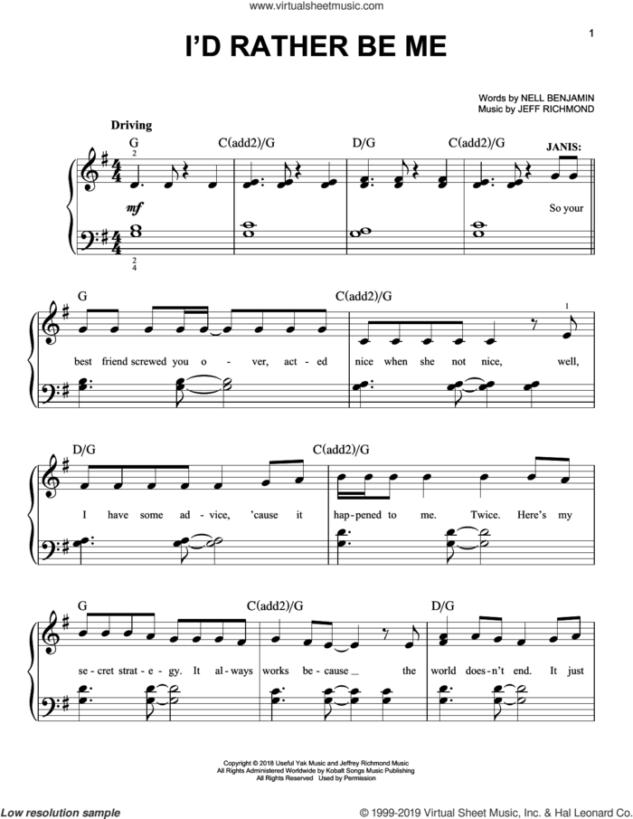 I'd Rather Be Me (from Mean Girls: The Broadway Musical) sheet music for piano solo by Nell Benjamin, Jeff Richmond and Jeff Richmond & Nell Benjamin, easy skill level