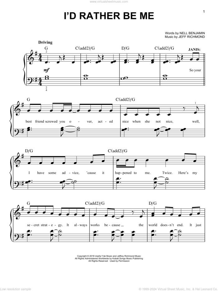 I'd Rather Be Me (from Mean Girls: The Broadway Musical) sheet music for piano solo by Nell Benjamin, Jeff Richmond and Jeff Richmond & Nell Benjamin, easy skill level