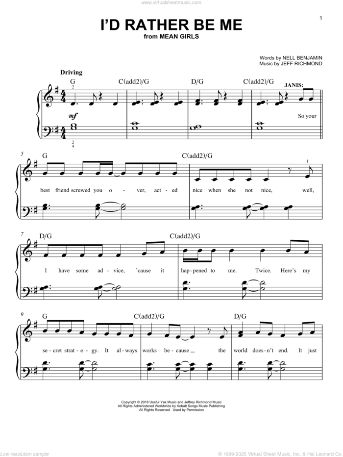 I'd Rather Be Me (from Mean Girls: The Broadway Musical) sheet music for piano solo by Nell Benjamin, Jeff Richmond and Jeff Richmond & Nell Benjamin, easy skill level