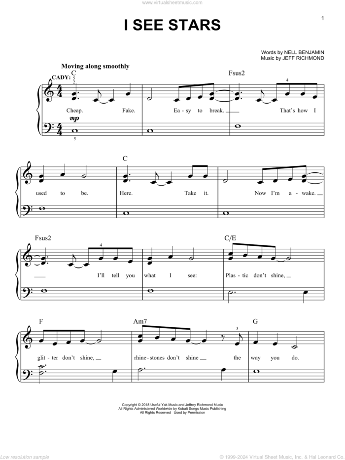 I See Stars (from Mean Girls: The Broadway Musical) sheet music for piano solo by Nell Benjamin, Jeff Richmond and Jeff Richmond & Nell Benjamin, easy skill level