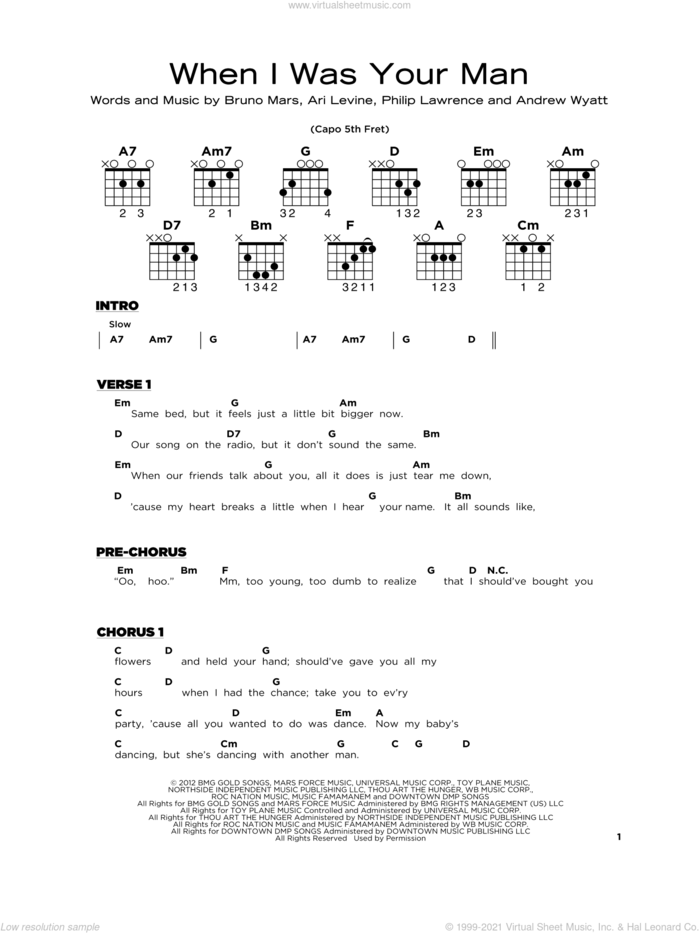 When I Was Your Man sheet music for guitar solo by Bruno Mars, Andrew Wyatt, Ari Levine and Philip Lawrence, beginner skill level