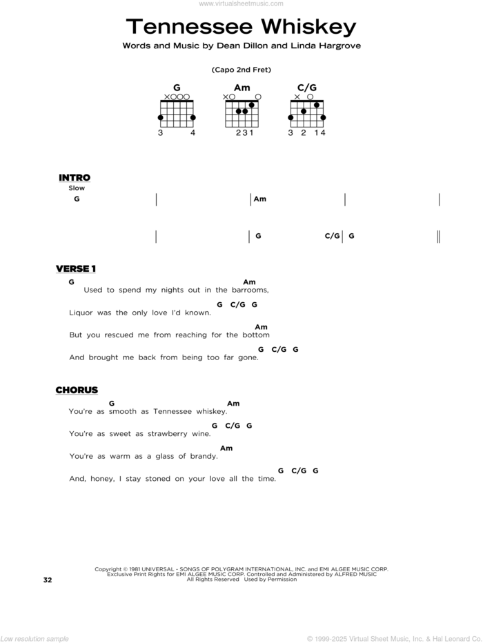 Tennessee Whiskey sheet music for guitar solo by Chris Stapleton, Dean Dillon and Linda Hargrove, beginner skill level