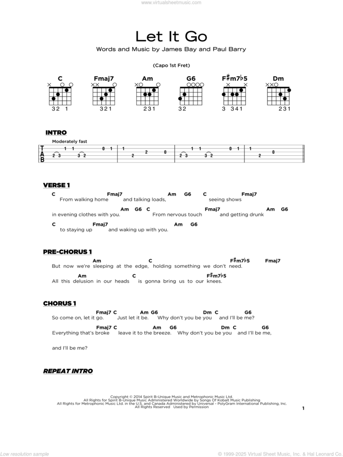 Let It Go, (beginner) sheet music for guitar solo by James Bay and Paul Barry, beginner skill level