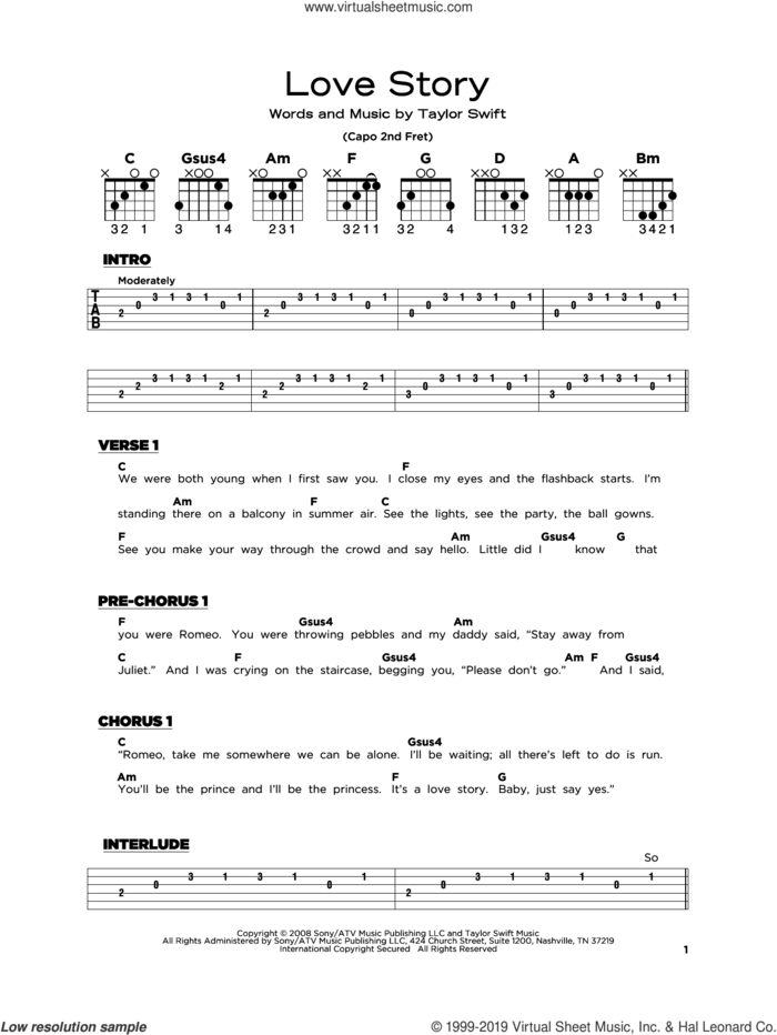Love Story sheet music for guitar solo by Taylor Swift, beginner skill level