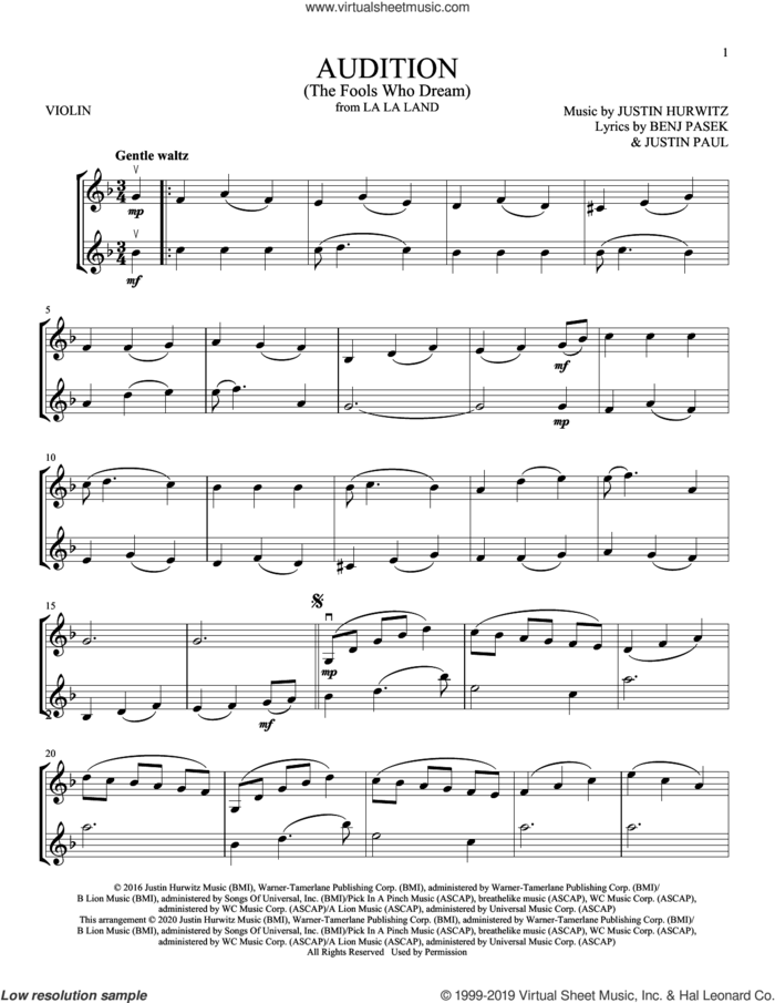 Audition (The Fools Who Dream) (from La La Land) sheet music for two violins (duets, violin duets) by Emma Stone, Benj Pasek, Justin Hurwitz and Justin Paul, intermediate skill level