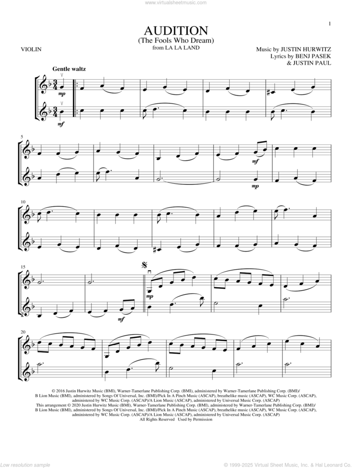 Audition (The Fools Who Dream) (from La La Land) sheet music for two violins (duets, violin duets) by Emma Stone, Benj Pasek, Justin Hurwitz and Justin Paul, intermediate skill level