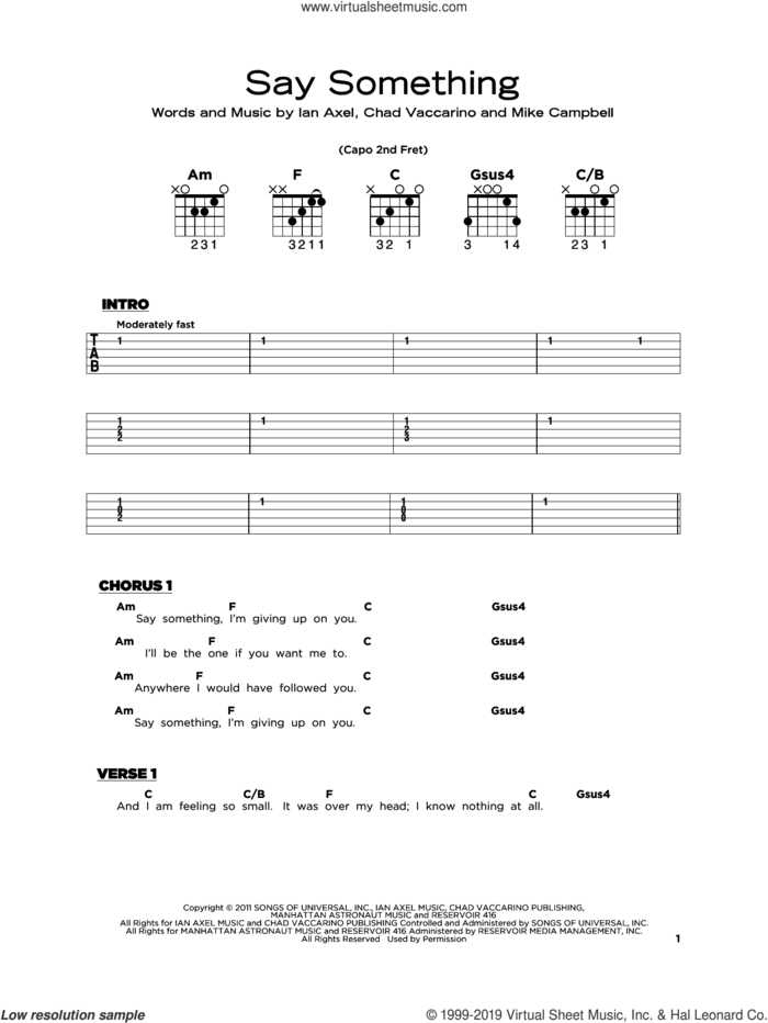 Say Something sheet music for guitar solo by A Great Big World, Chad Vaccarino, Ian Axel and Mike Campbell, beginner skill level
