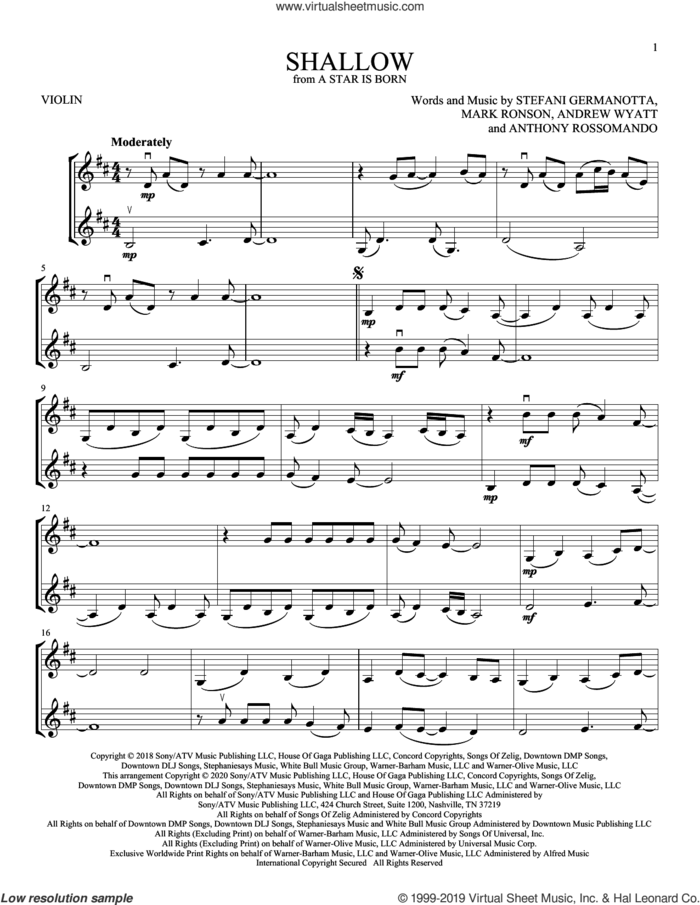 Shallow (from A Star Is Born) sheet music for two violins (duets, violin duets) by Lady Gaga, Andrew Wyatt, Anthony Rossomando and Mark Ronson, intermediate skill level