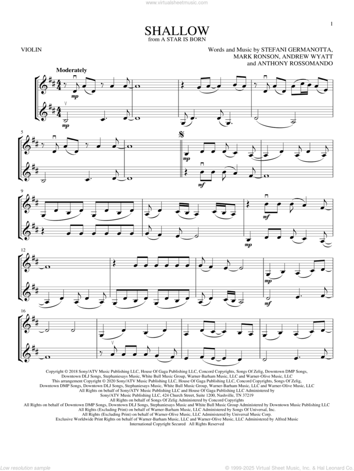 Shallow (from A Star Is Born) sheet music for two violins (duets, violin duets) by Lady Gaga, Andrew Wyatt, Anthony Rossomando and Mark Ronson, intermediate skill level